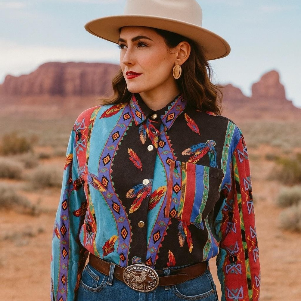 Vintage 80s 90s Western Plains Trading‎ Co Shirt Southwestern Feather USA Cotton